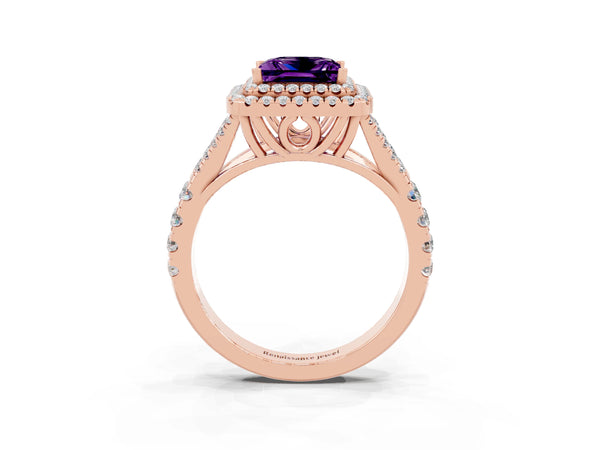 Rose gold Double Halo Princess Cut Amethyst Pavé Split Shank Ring with Prong Setting