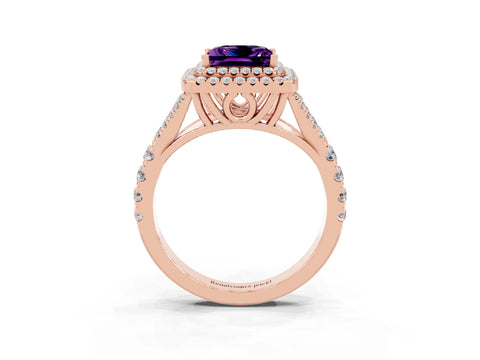 Rose gold Double Halo Princess Cut Amethyst Pavé Split Shank Ring with Prong Setting_3