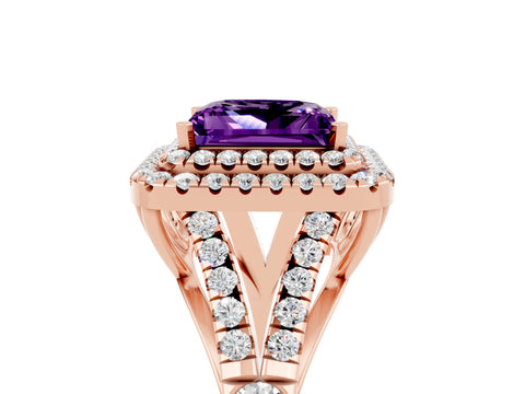 Rose gold Double Halo Princess Cut Amethyst Pavé Split Shank Ring with Prong Setting_5