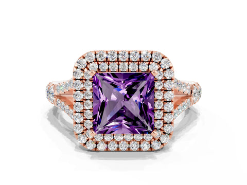 Rose gold Double Halo Princess Cut Amethyst Pavé Split Shank Ring with Prong Setting