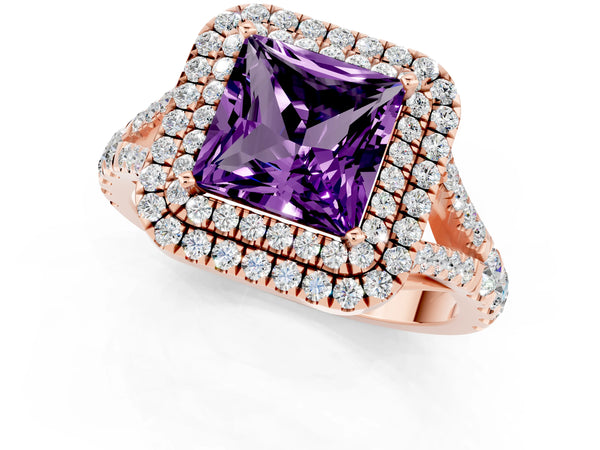 Rose gold Double Halo Princess Cut Amethyst Split Shank Engagement Ring with Four-Prong Setting