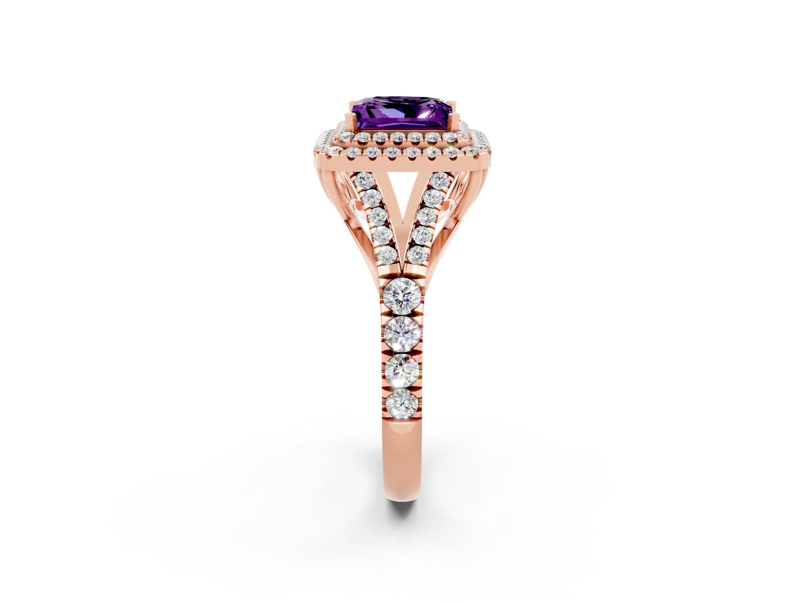 Rose gold Double Halo Princess Cut Amethyst Split Shank Engagement Ring with Four-Prong Setting_2
