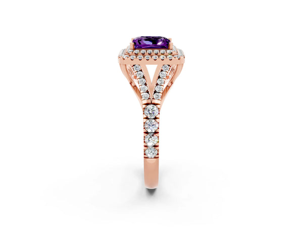 Rose gold Double Halo Princess Cut Amethyst Split Shank Engagement Ring with Four-Prong Setting