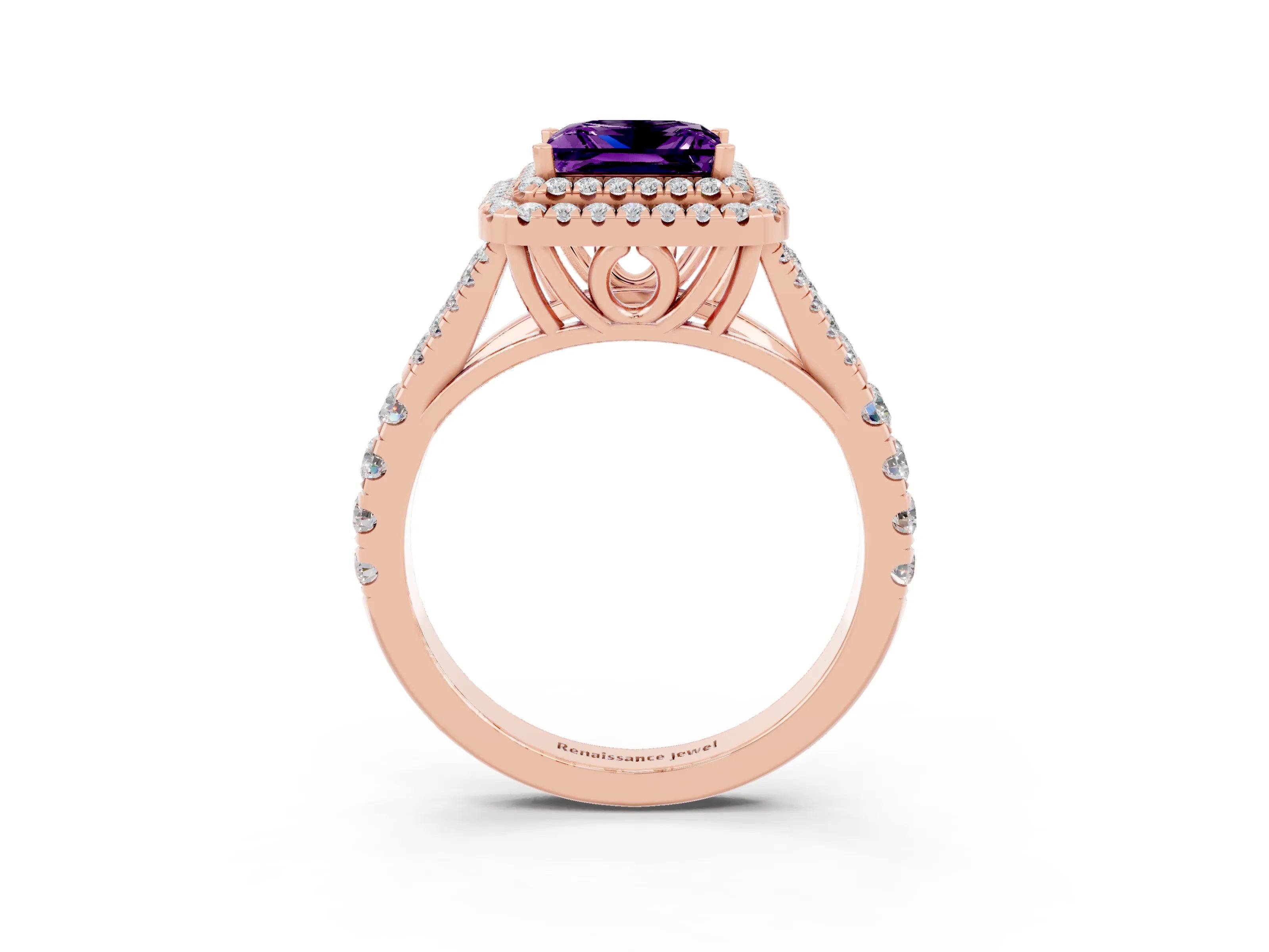 Rose gold Double Halo Princess Cut Amethyst Split Shank Engagement Ring with Four-Prong Setting_3