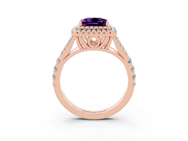 Rose gold Double Halo Princess Cut Amethyst Split Shank Engagement Ring with Four-Prong Setting
