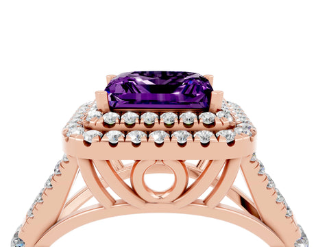 Rose gold Double Halo Princess Cut Amethyst Split Shank Engagement Ring with Four-Prong Setting_4