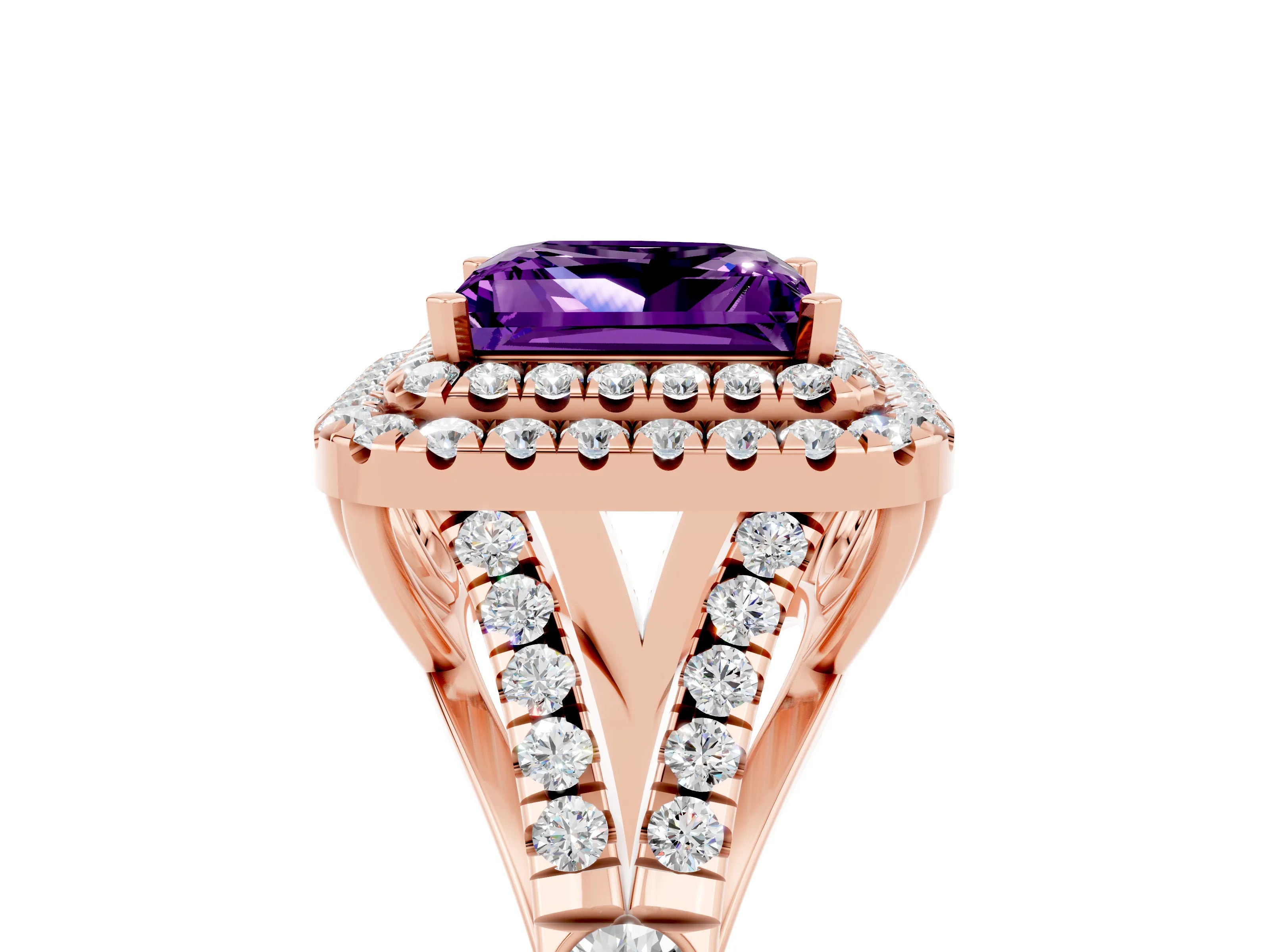 Rose gold Double Halo Princess Cut Amethyst Split Shank Engagement Ring with Four-Prong Setting_5