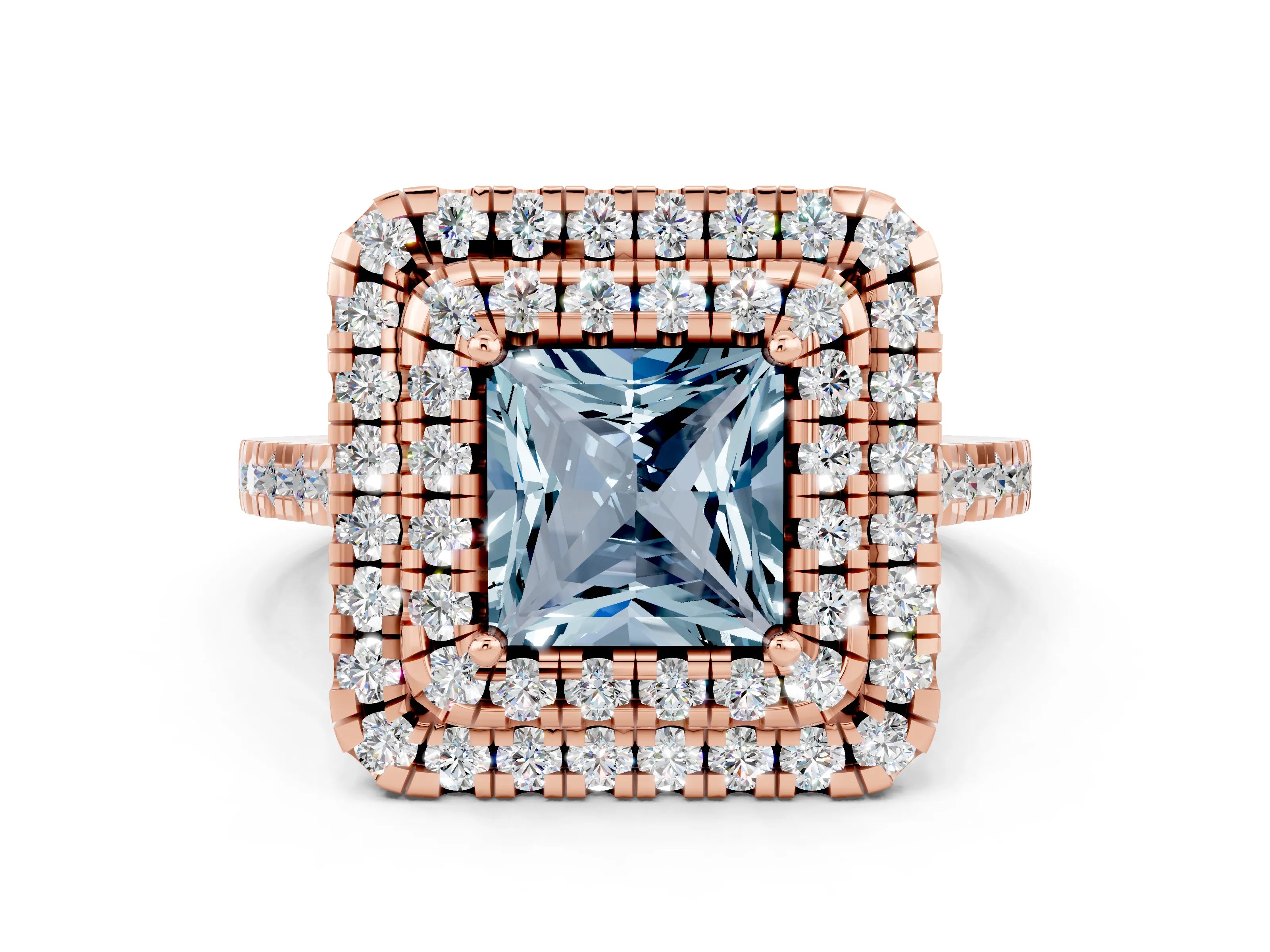 Rose gold Double Halo Princess Cut Aquamarine Pavé Band with Four-Prong Setting