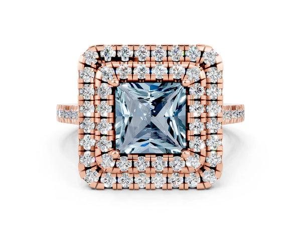 Rose gold Double Halo Princess Cut Aquamarine Pavé Band with Four-Prong Setting