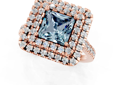 Rose gold Double Halo Princess Cut Aquamarine Pavé Band with Four-Prong Setting_1