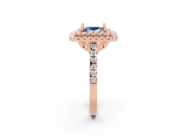 Rose gold Double Halo Princess Cut Aquamarine Pavé Band with Four-Prong Setting