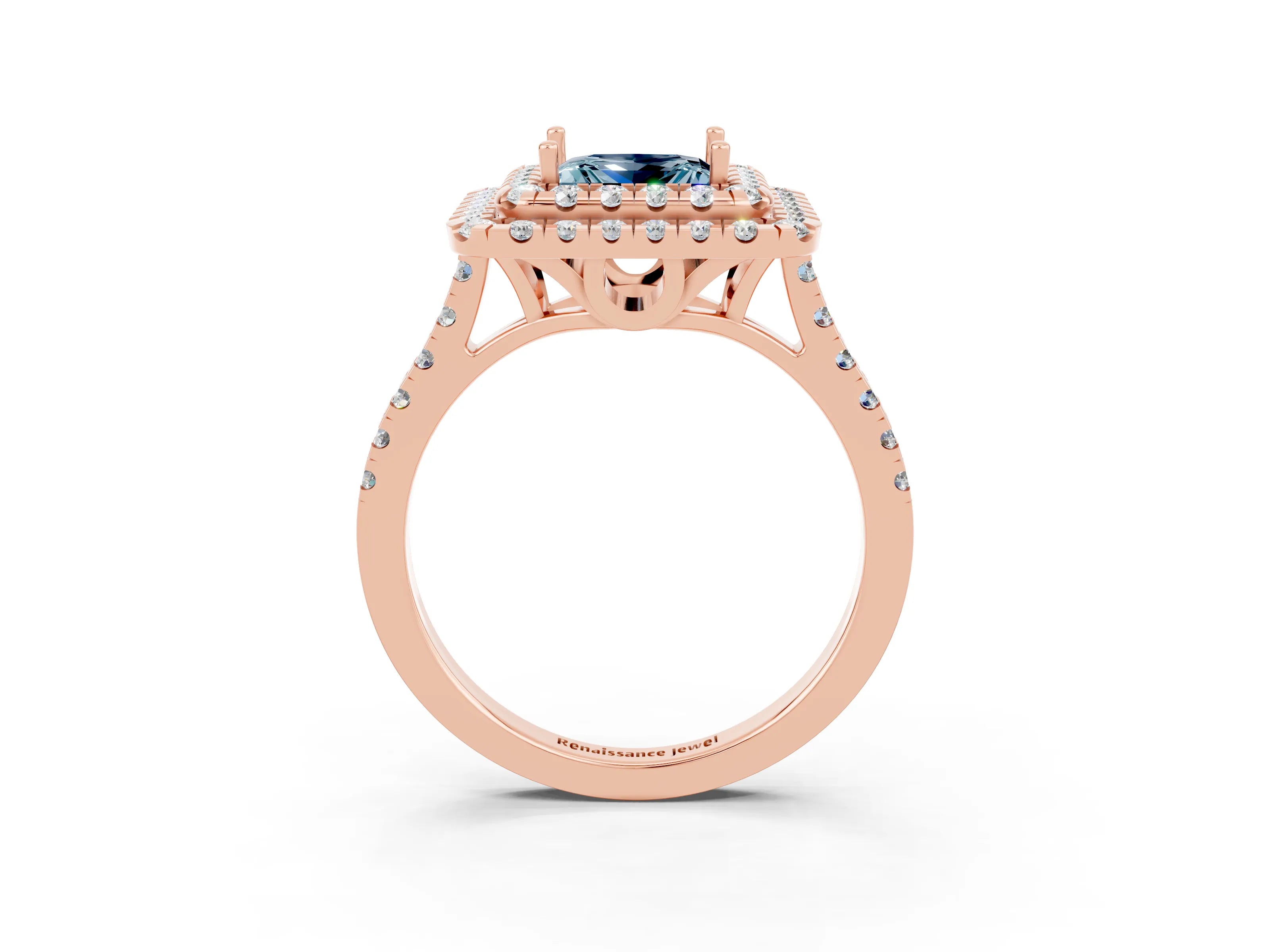 Rose gold Double Halo Princess Cut Aquamarine Pavé Band with Four-Prong Setting_3