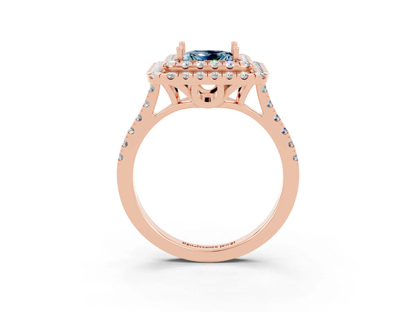 Rose gold Double Halo Princess Cut Aquamarine Pavé Band with Four-Prong Setting