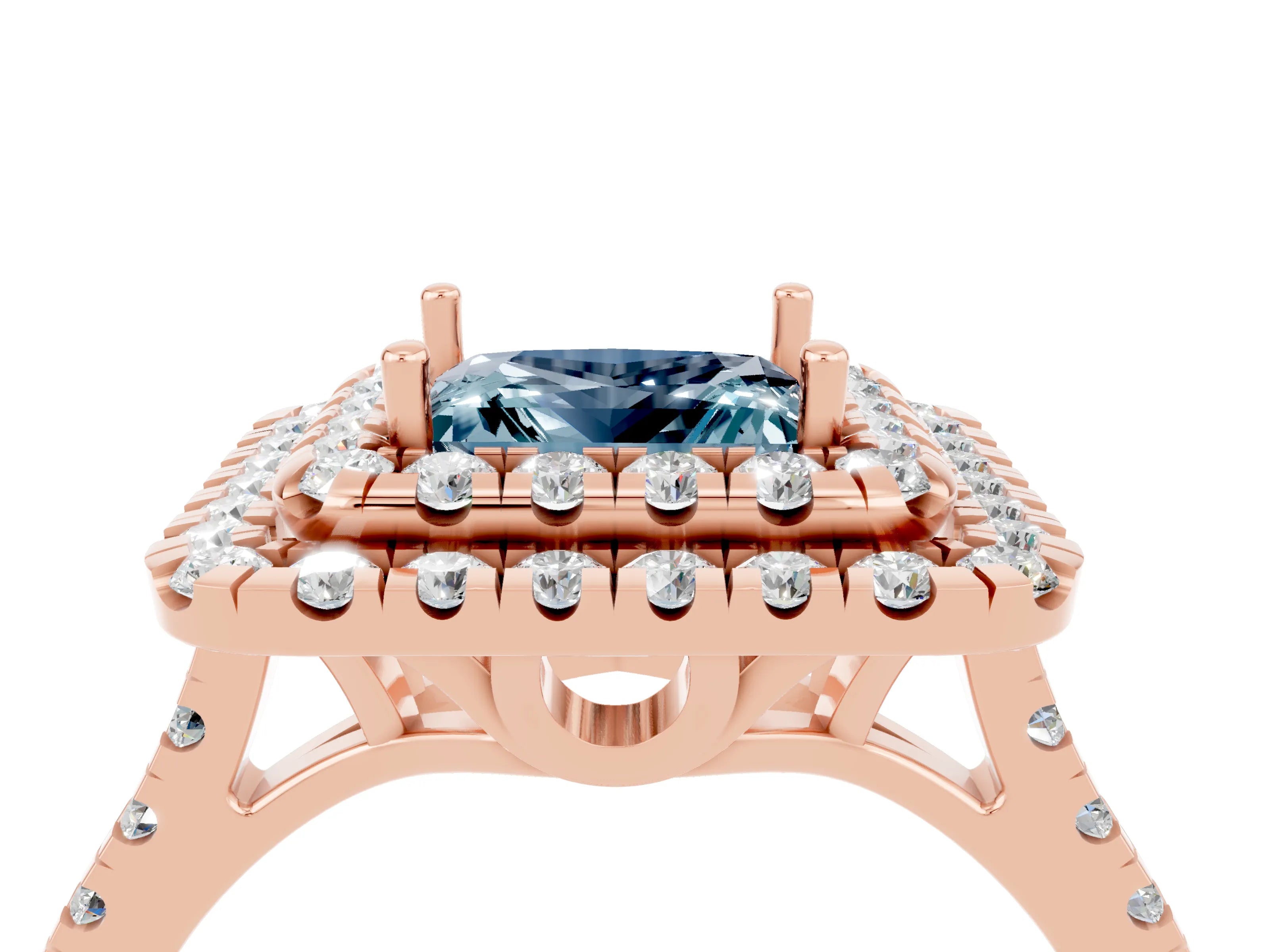 Rose gold Double Halo Princess Cut Aquamarine Pavé Band with Four-Prong Setting_4