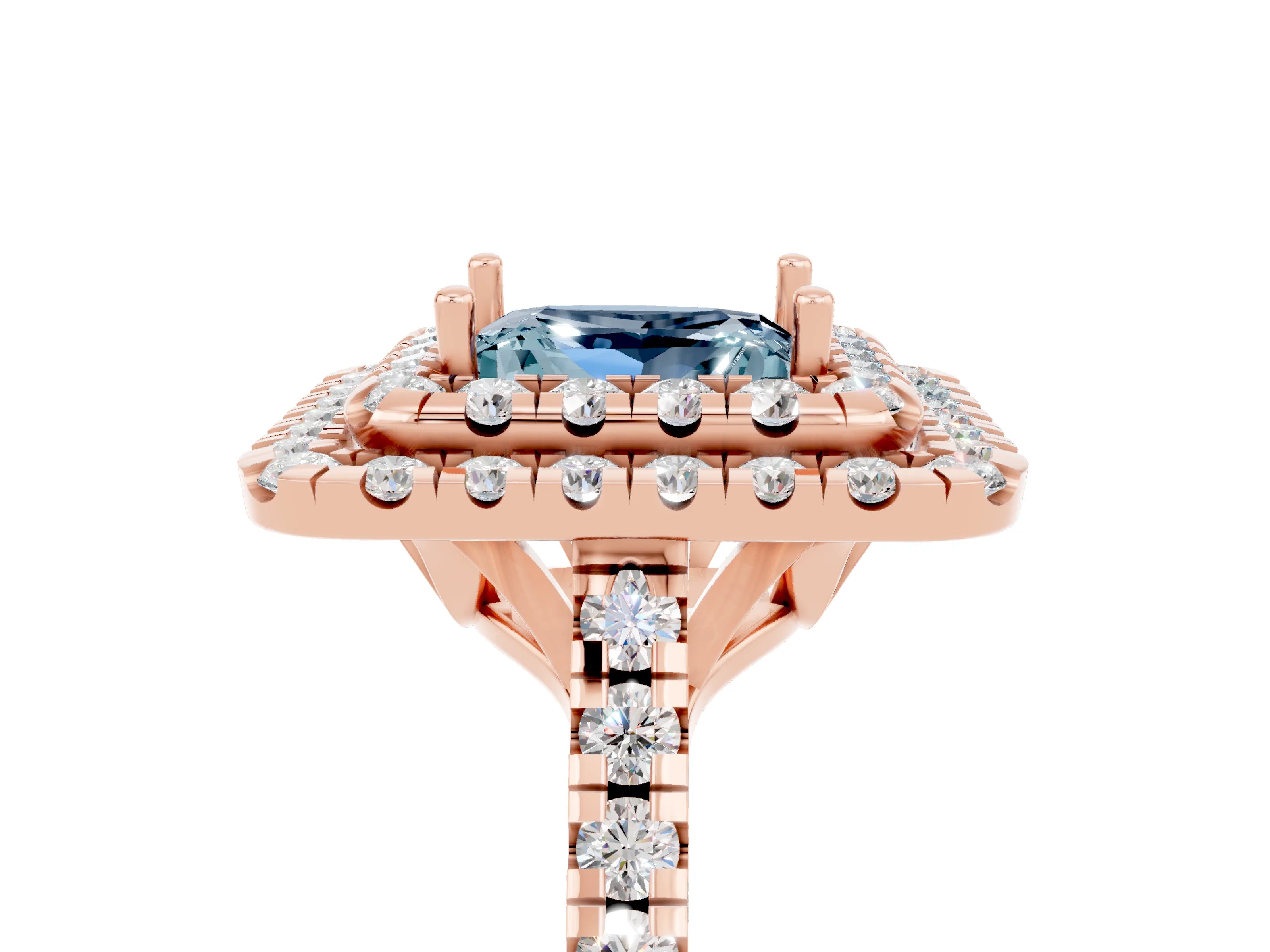 Rose gold Double Halo Princess Cut Aquamarine Pavé Band with Four-Prong Setting_5