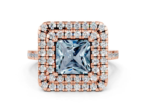 Rose gold Double Halo Princess Cut Aquamarine Pavé Band with Four-Prong Setting