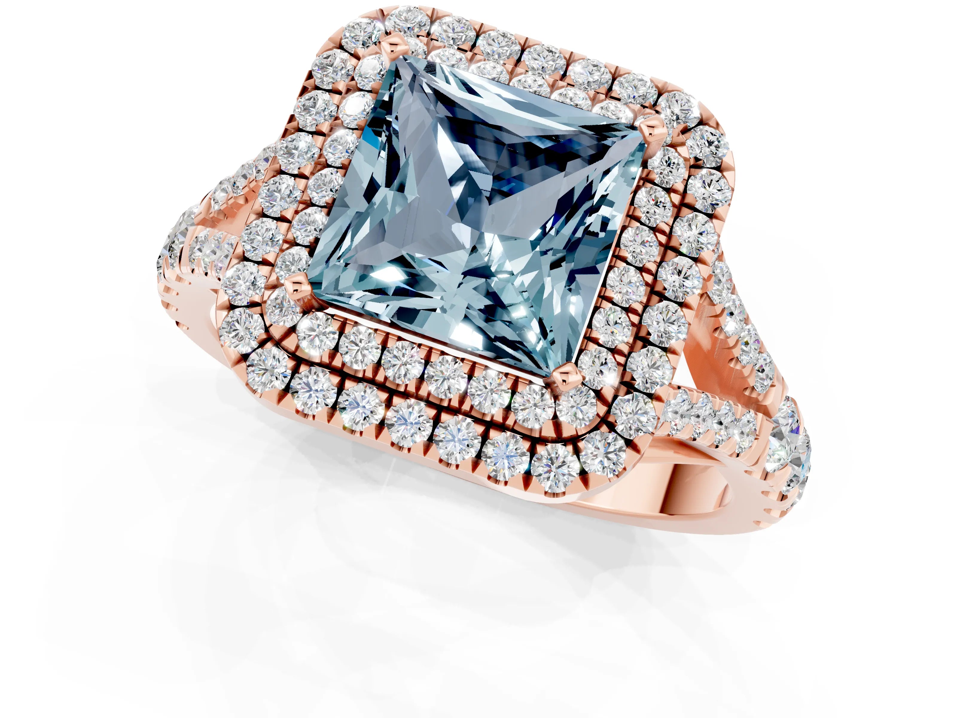 Rose gold Double Halo Princess Cut Aquamarine Pavé Split Shank Ring with Prong Setting_1