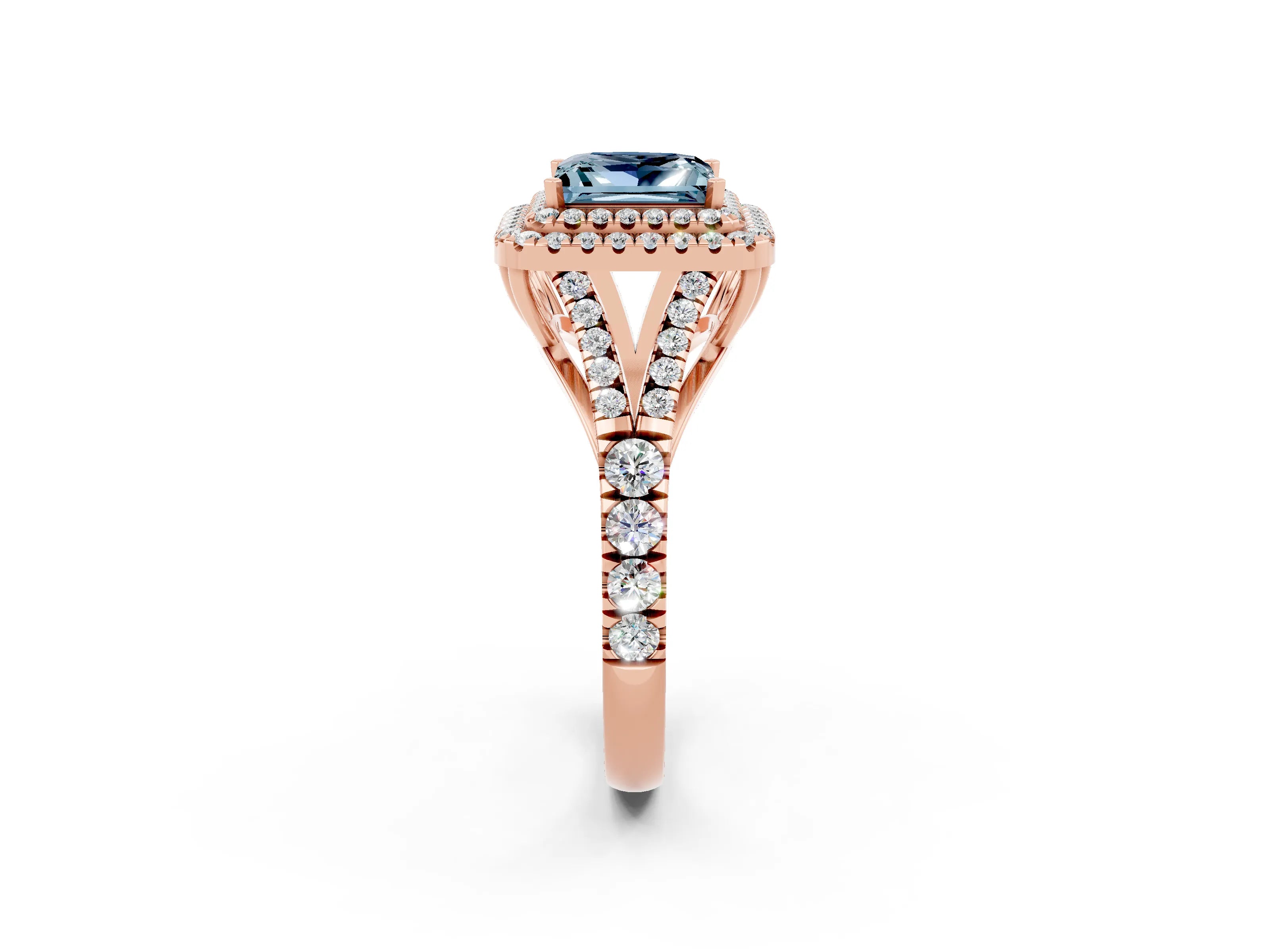 Rose gold Double Halo Princess Cut Aquamarine Pavé Split Shank Ring with Prong Setting_2