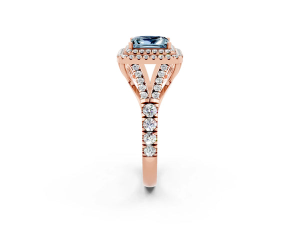 Rose gold Double Halo Princess Cut Aquamarine Pavé Split Shank Ring with Prong Setting