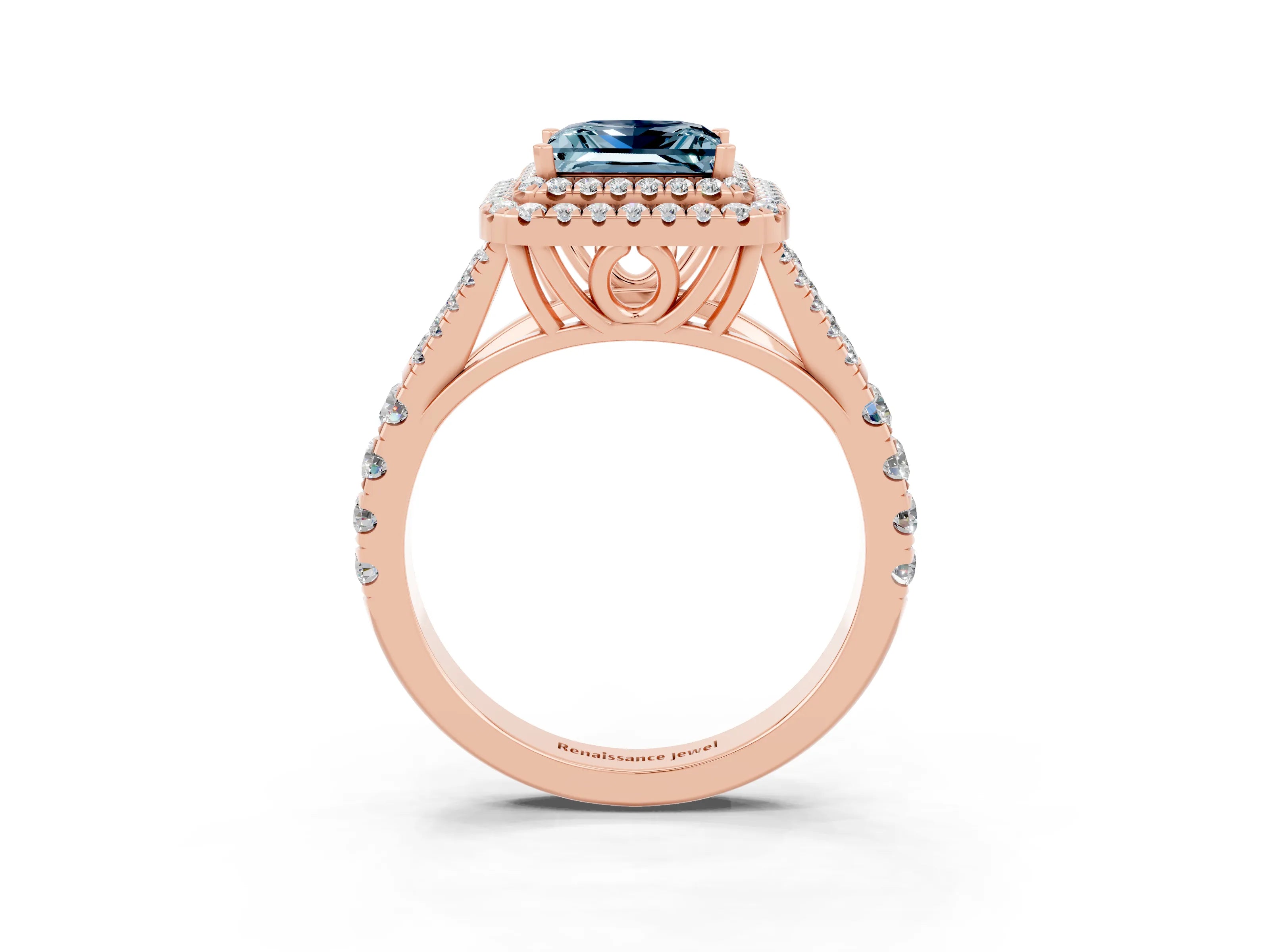 Rose gold Double Halo Princess Cut Aquamarine Pavé Split Shank Ring with Prong Setting_3