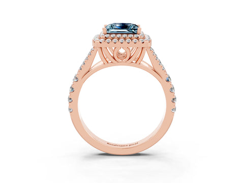 Rose gold Double Halo Princess Cut Aquamarine Pavé Split Shank Ring with Prong Setting_3