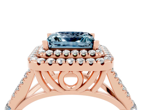 Rose gold Double Halo Princess Cut Aquamarine Pavé Split Shank Ring with Prong Setting_4