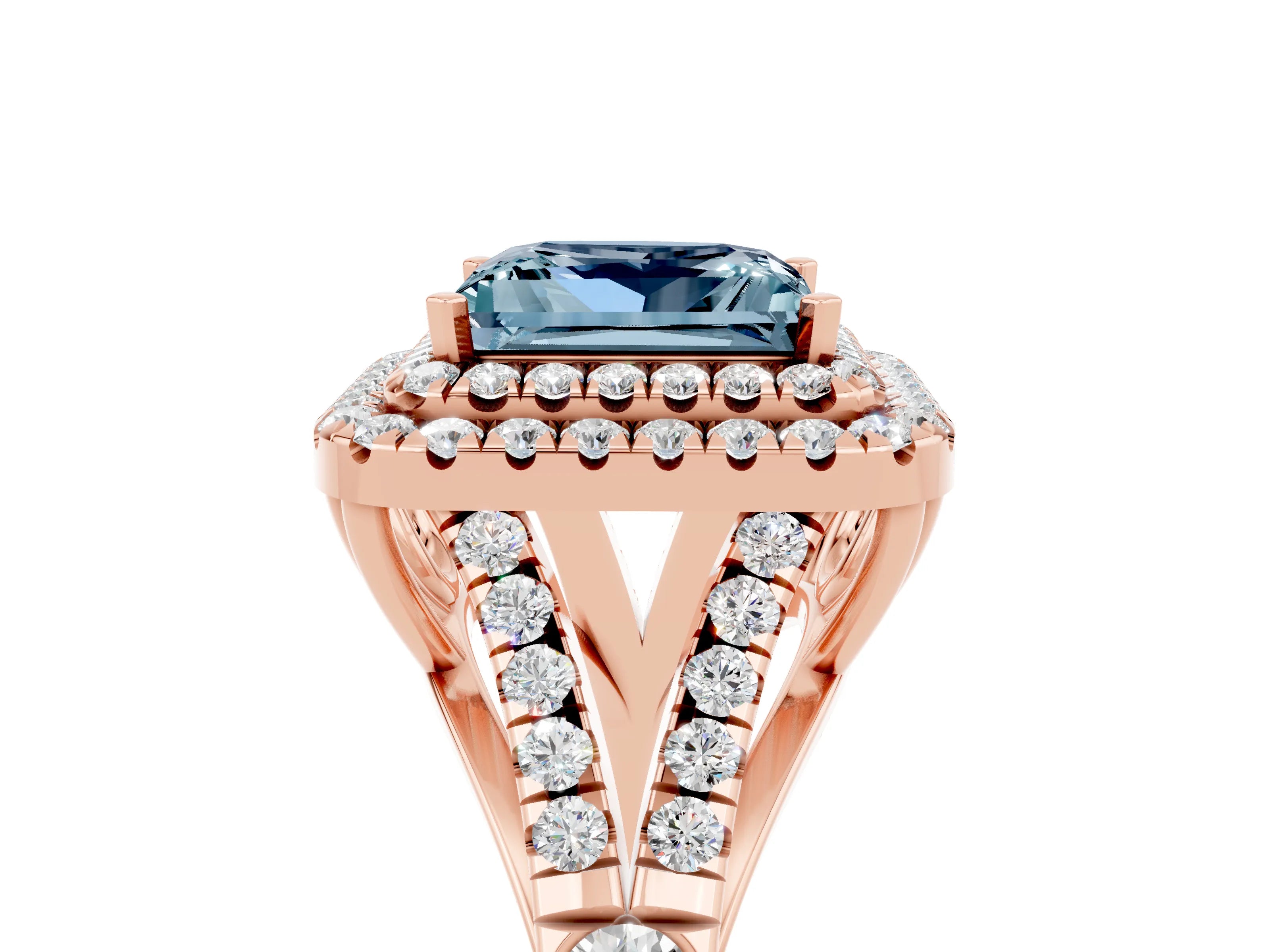 Rose gold Double Halo Princess Cut Aquamarine Pavé Split Shank Ring with Prong Setting_5