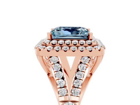 Rose gold Double Halo Princess Cut Aquamarine Pavé Split Shank Ring with Prong Setting_5