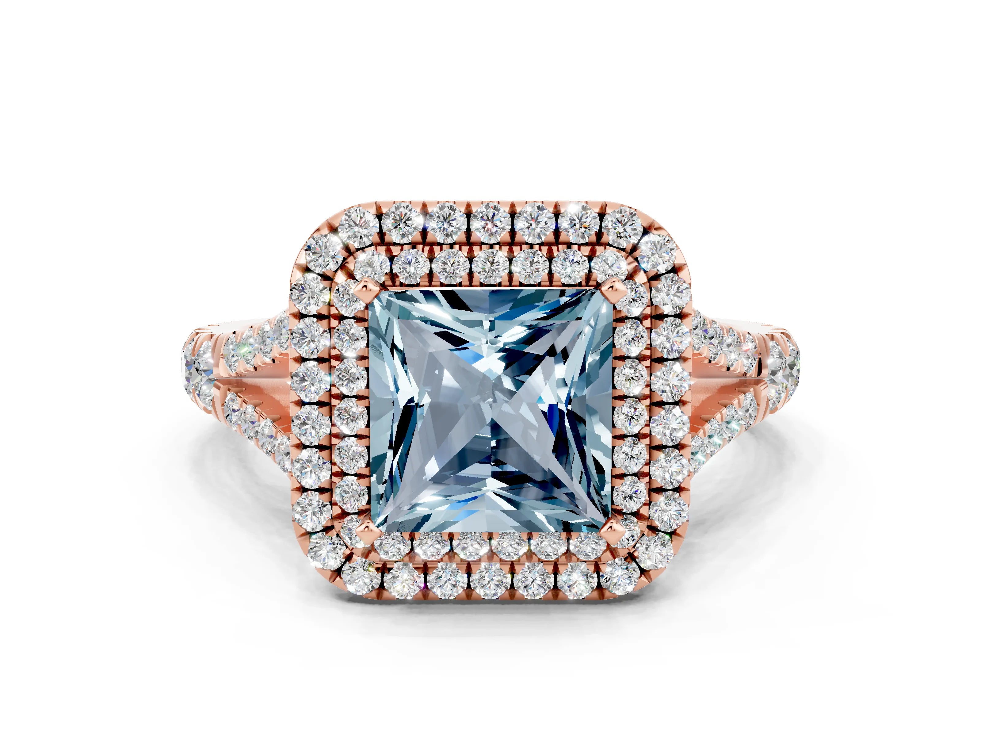 Rose gold Double Halo Princess Cut Aquamarine Split Shank Engagement Ring with Four-Prong Setting