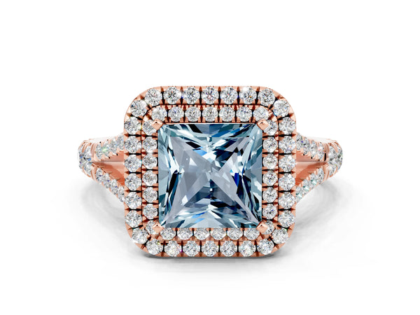 Rose gold Double Halo Princess Cut Aquamarine Split Shank Engagement Ring with Four-Prong Setting