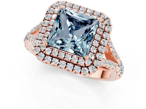 Rose gold Double Halo Princess Cut Aquamarine Split Shank Engagement Ring with Four-Prong Setting_1
