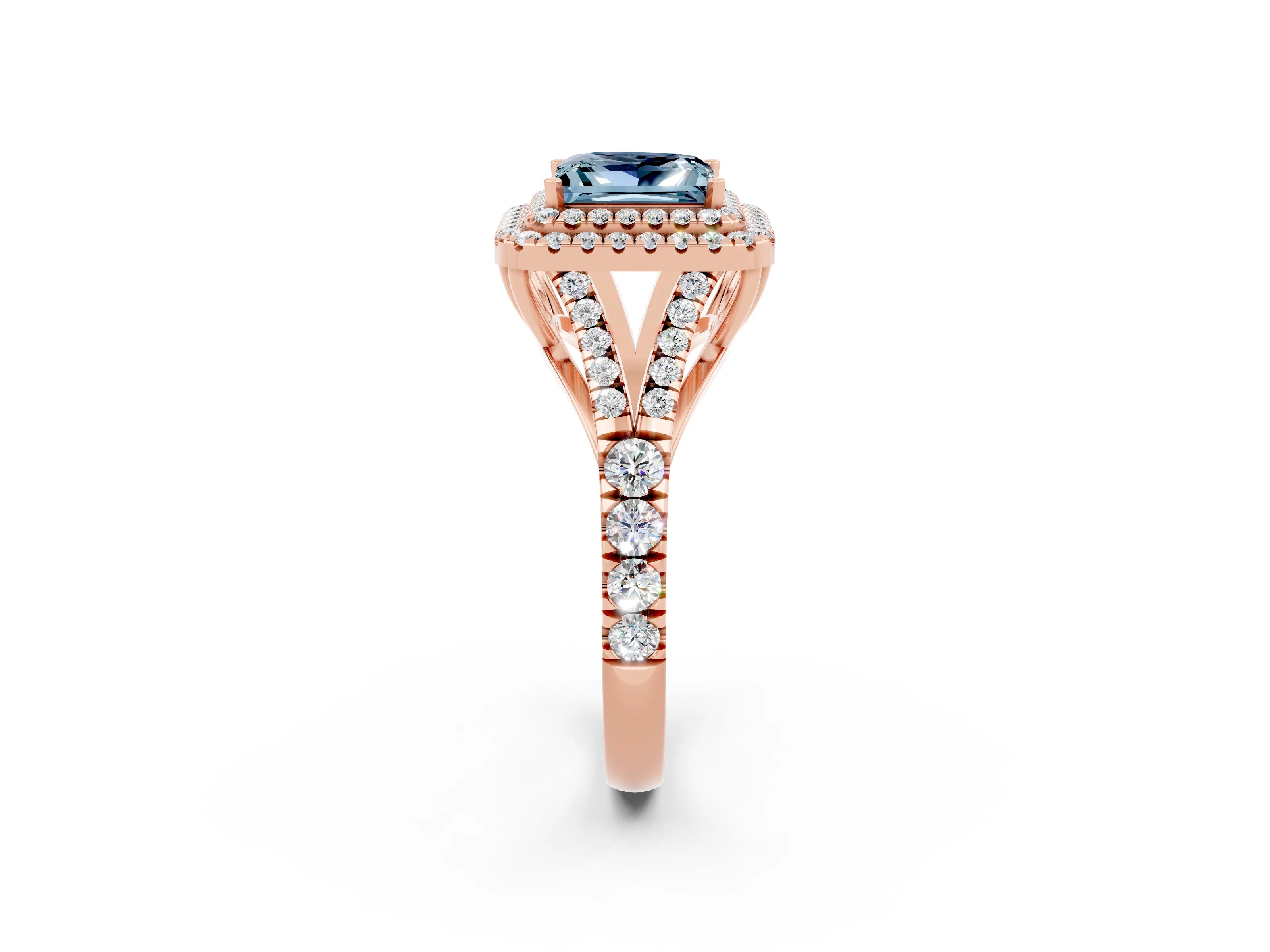 Rose gold Double Halo Princess Cut Aquamarine Split Shank Engagement Ring with Four-Prong Setting_2