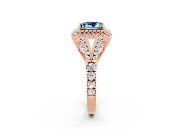 Rose gold Double Halo Princess Cut Aquamarine Split Shank Engagement Ring with Four-Prong Setting