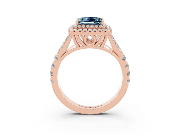 Rose gold Double Halo Princess Cut Aquamarine Split Shank Engagement Ring with Four-Prong Setting