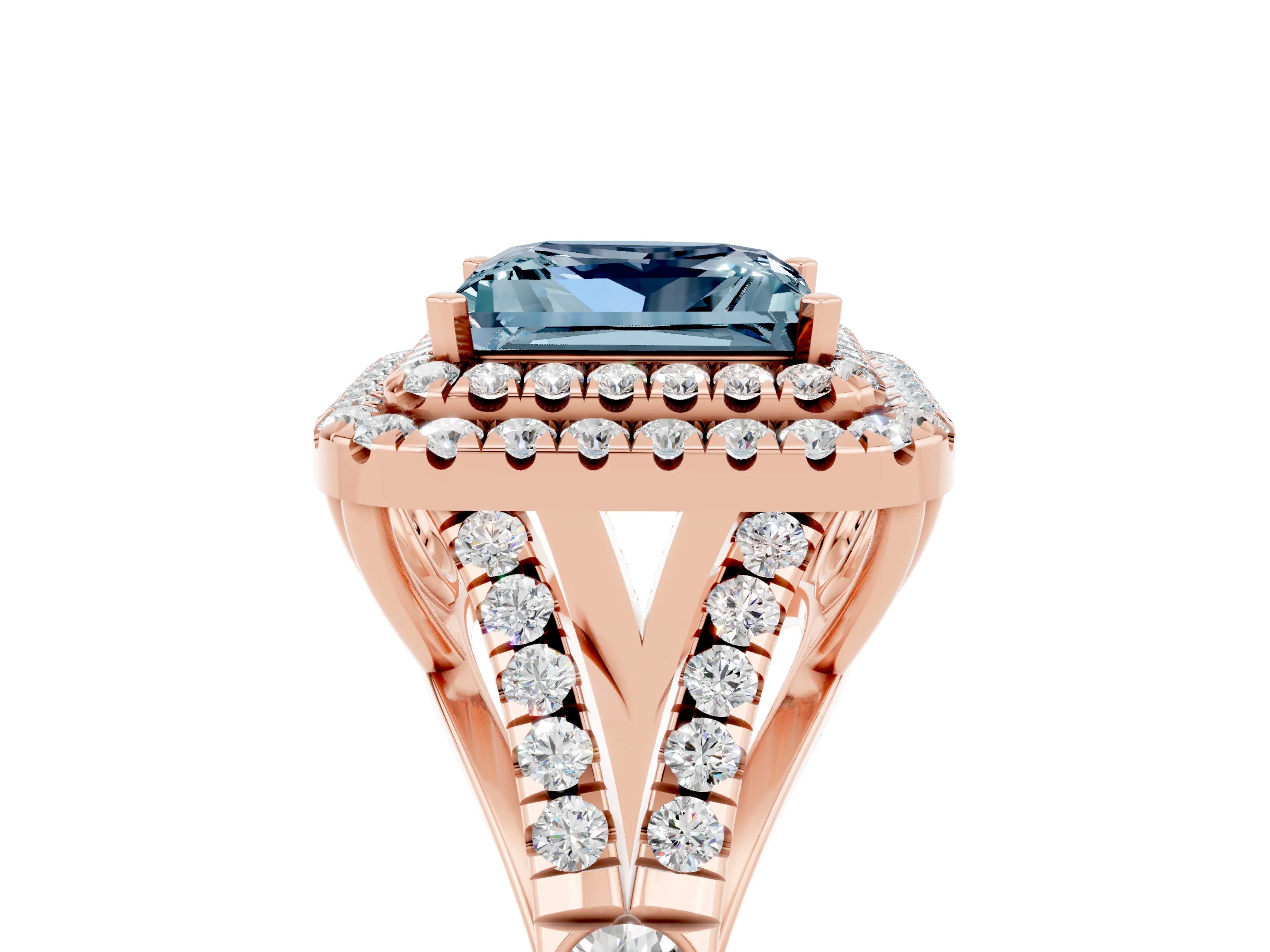 Rose gold Double Halo Princess Cut Aquamarine Split Shank Engagement Ring with Four-Prong Setting_5