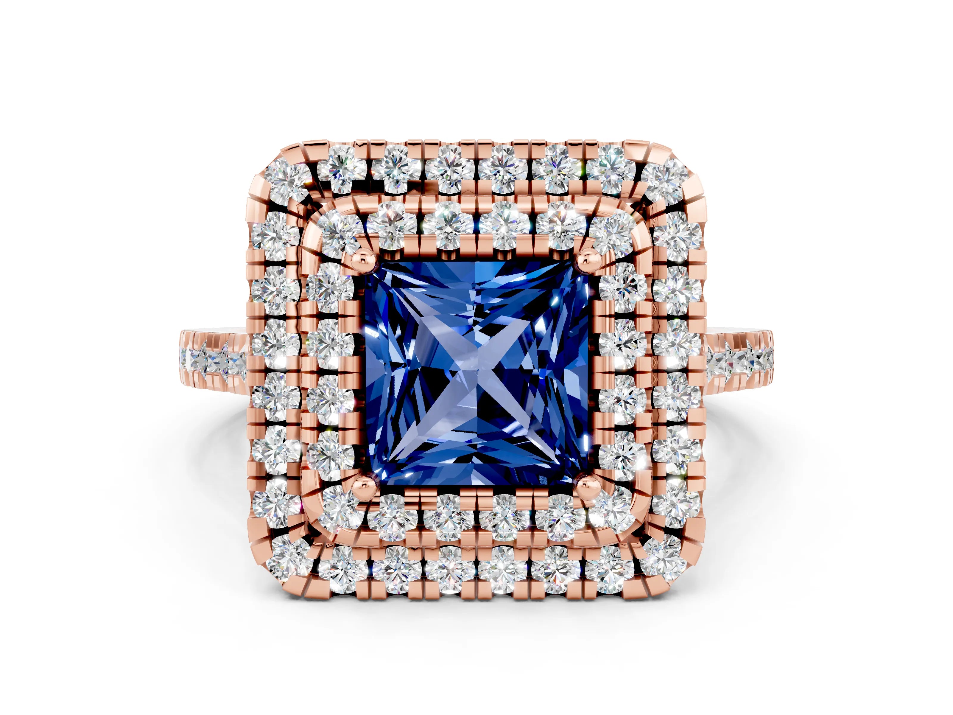 Rose gold Double Halo Princess Cut Blue Sapphire Pavé Band with Four-Prong Setting