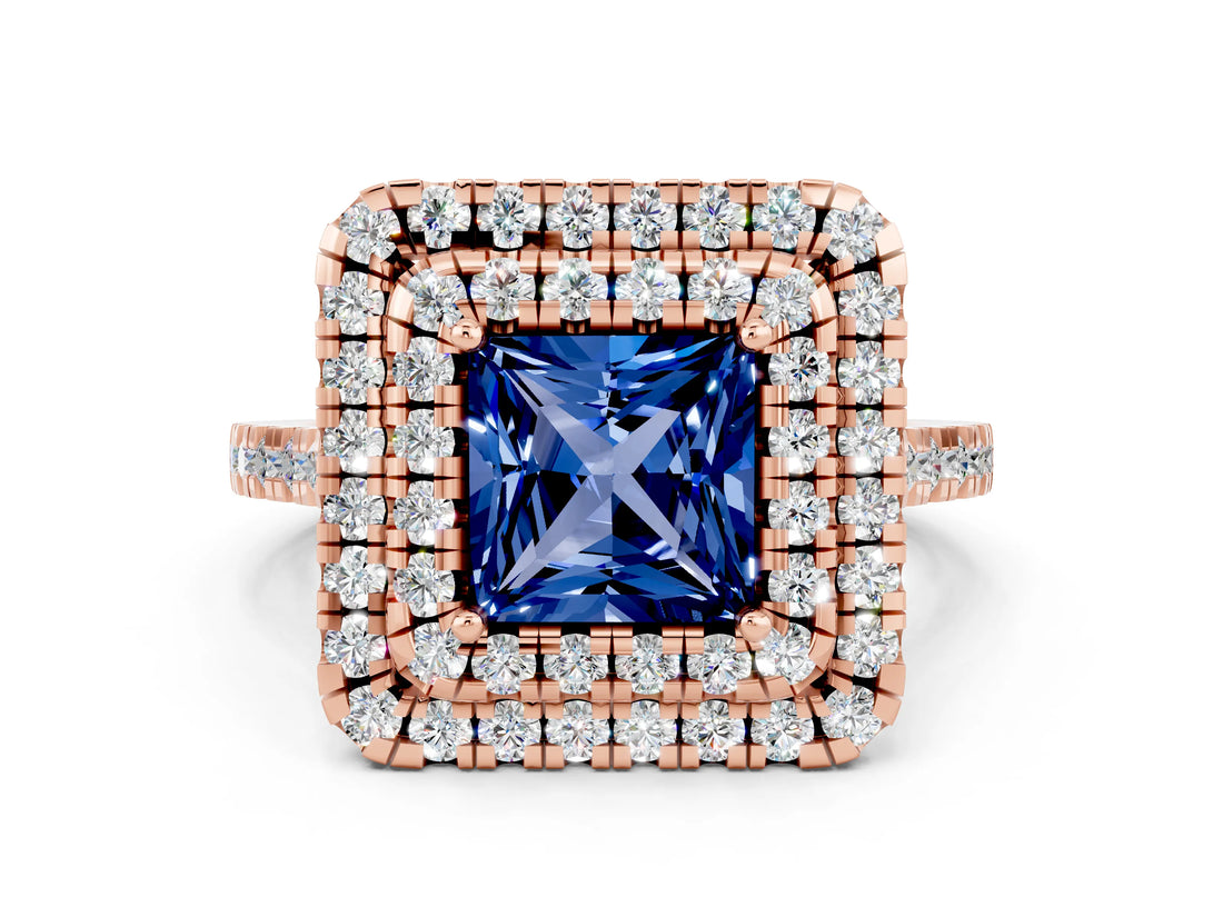 Rose gold Double Halo Princess Cut Blue Sapphire Pavé Band with Four-Prong Setting