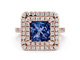 Rose gold Double Halo Princess Cut Blue Sapphire Pavé Band with Four-Prong Setting