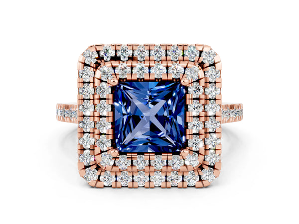 Rose gold Double Halo Princess Cut Blue Sapphire Pavé Band with Four-Prong Setting