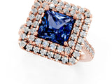 Rose gold Double Halo Princess Cut Blue Sapphire Pavé Band with Four-Prong Setting_1