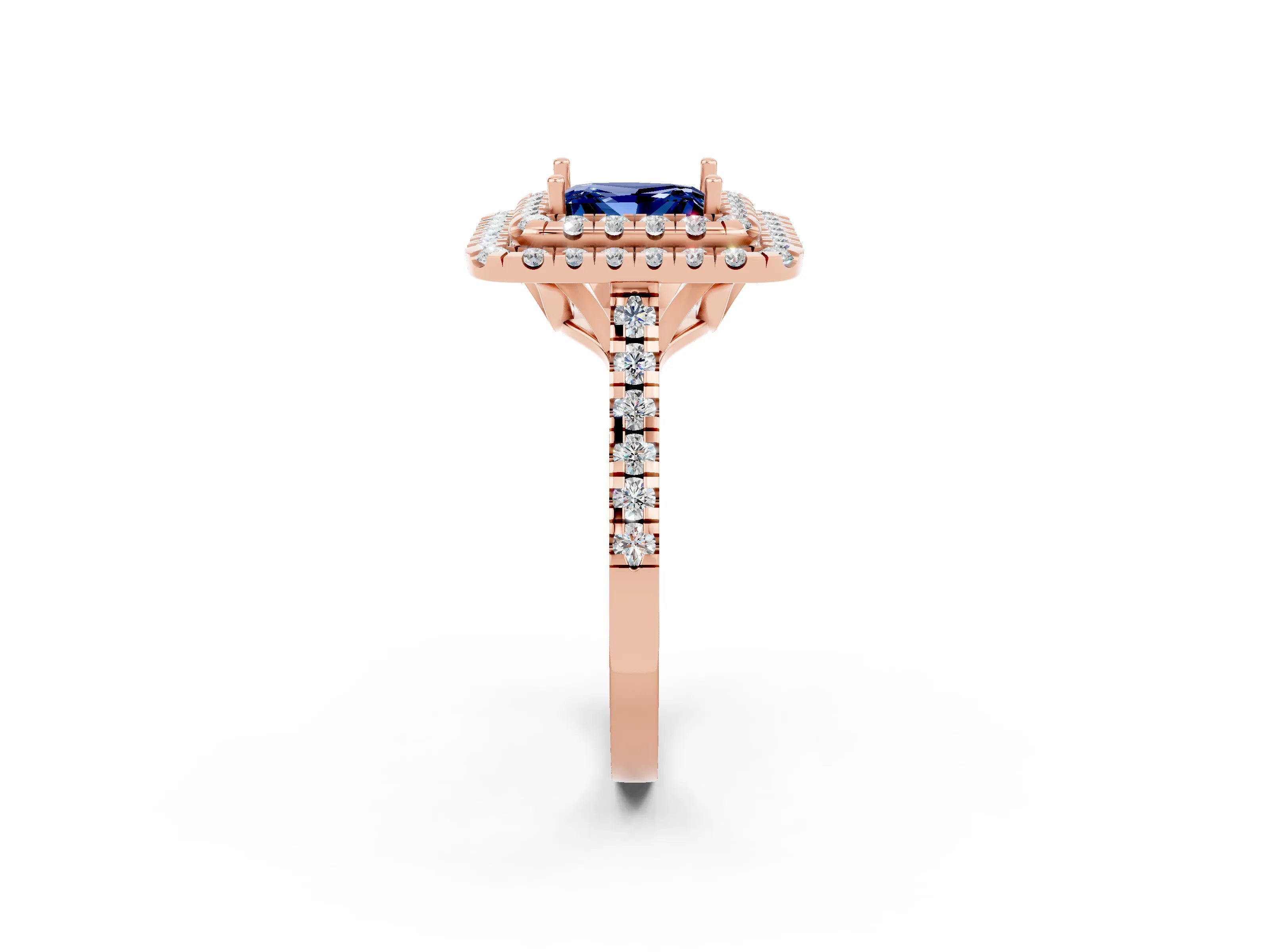 Rose gold Double Halo Princess Cut Blue Sapphire Pavé Band with Four-Prong Setting_2