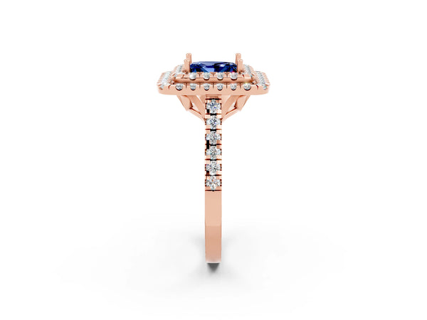 Rose gold Double Halo Princess Cut Blue Sapphire Pavé Band with Four-Prong Setting