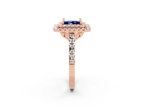 Rose gold Double Halo Princess Cut Blue Sapphire Pavé Band with Four-Prong Setting_2