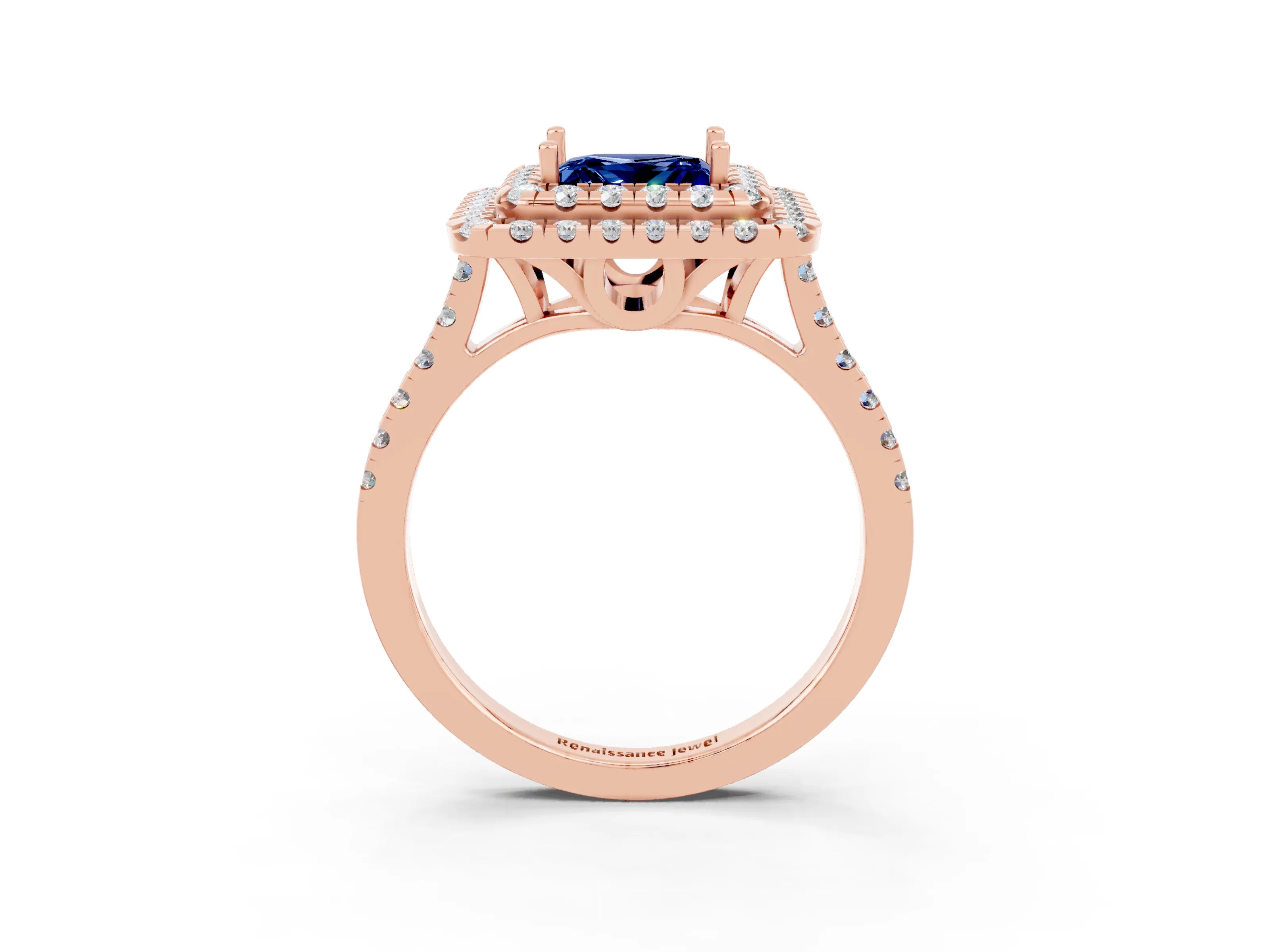 Rose gold Double Halo Princess Cut Blue Sapphire Pavé Band with Four-Prong Setting_3