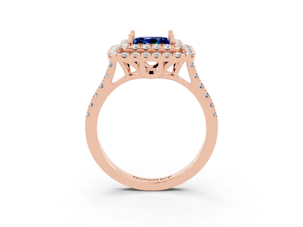 Rose gold Double Halo Princess Cut Blue Sapphire Pavé Band with Four-Prong Setting