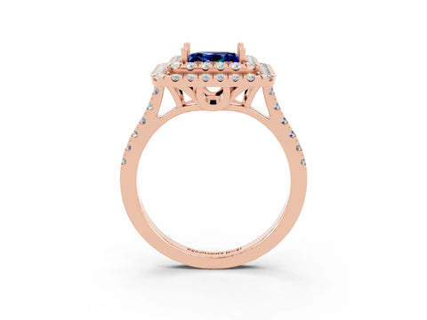Rose gold Double Halo Princess Cut Blue Sapphire Pavé Band with Four-Prong Setting_3