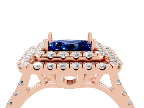 Rose gold Double Halo Princess Cut Blue Sapphire Pavé Band with Four-Prong Setting_4