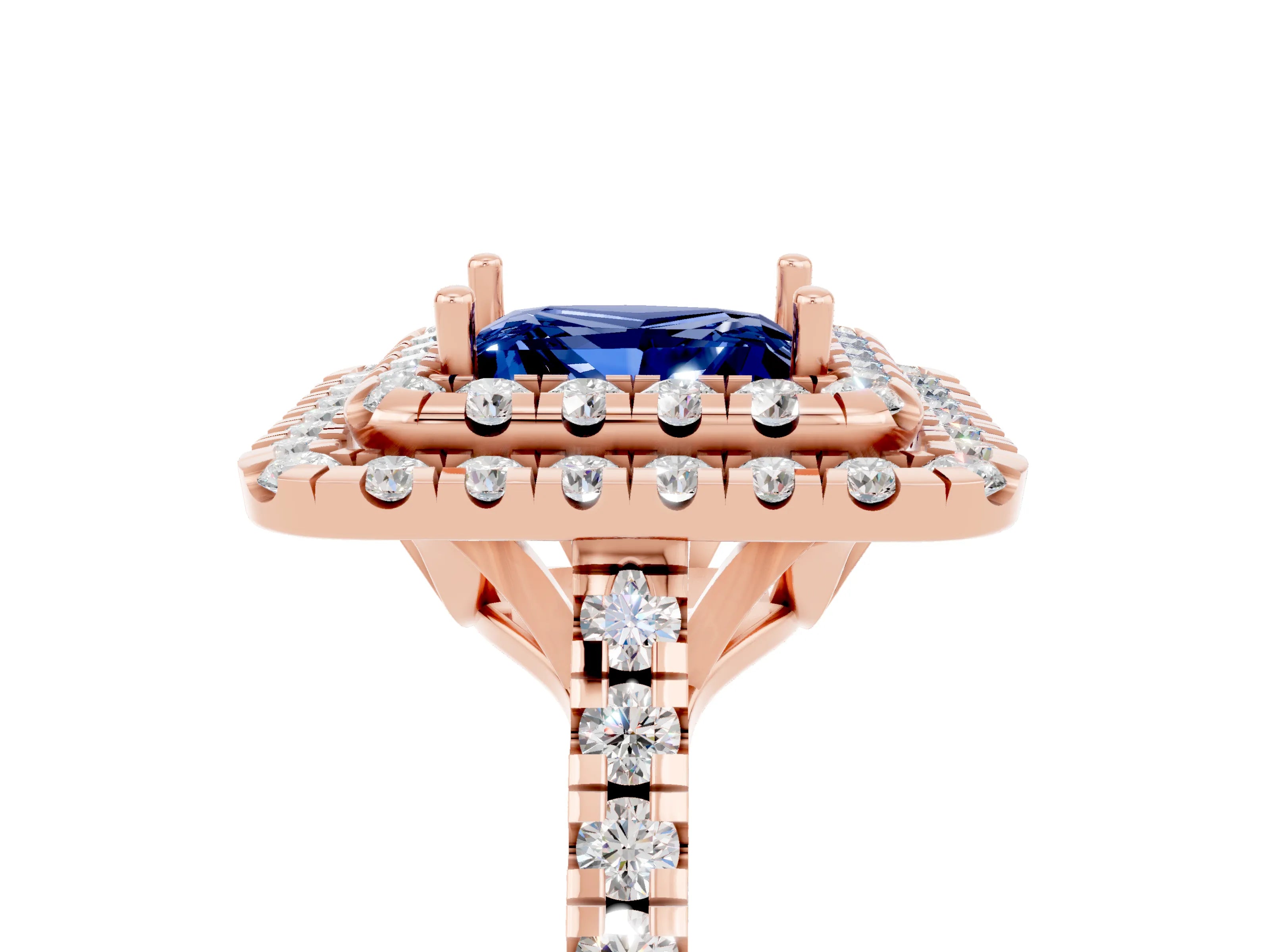 Rose gold Double Halo Princess Cut Blue Sapphire Pavé Band with Four-Prong Setting_5