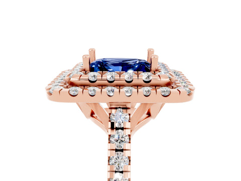 Rose gold Double Halo Princess Cut Blue Sapphire Pavé Band with Four-Prong Setting_5