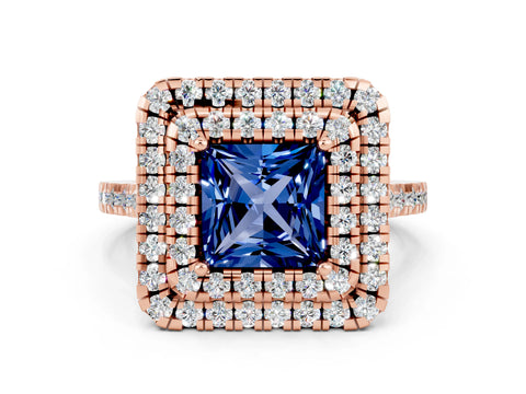 Rose gold Double Halo Princess Cut Blue Sapphire Pavé Band with Four-Prong Setting